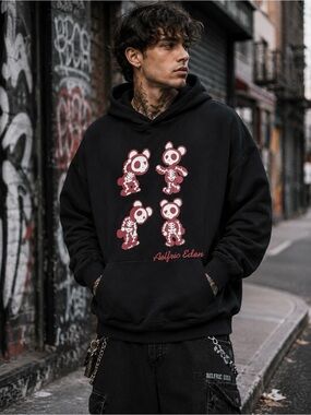 Aelfric Eden Black Skeleton Bear Red & White Graphic Sweatshirt Hoodie Size XL